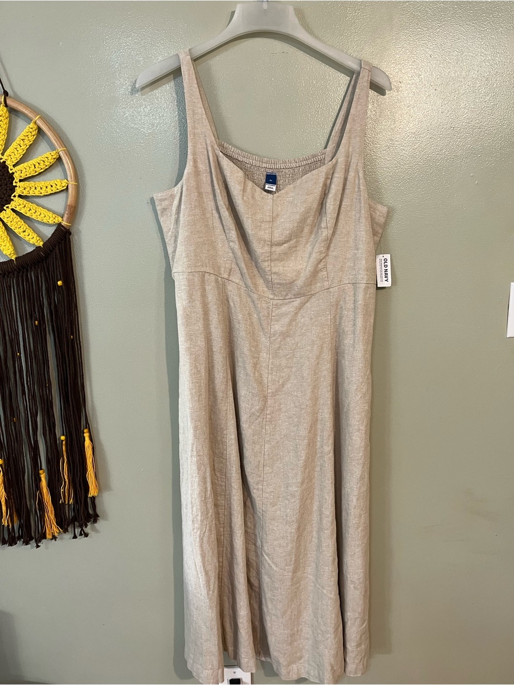 Old Navy Linen Blend Casual Beige Tank Midi Dress Pockets Midi Vacation XL NWT